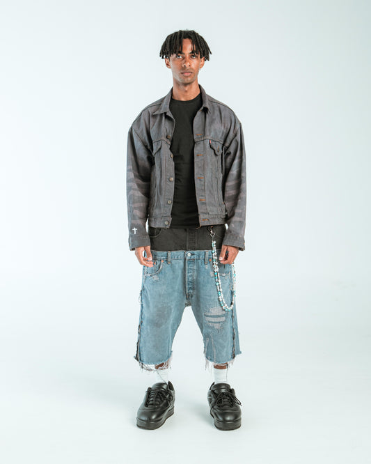 DOUBLE WAIST DISTRESSED “BLACK WASH” JORTS