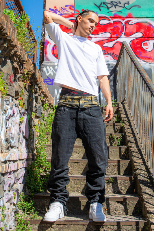 CAMO DOUBLE WAIST BLACK JEANS