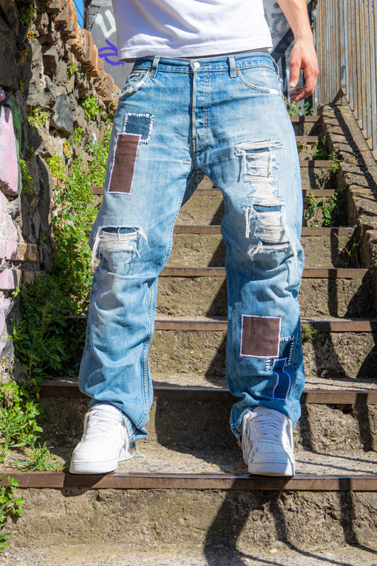 “BLUE WARFARE” PATCHWORK DENIM